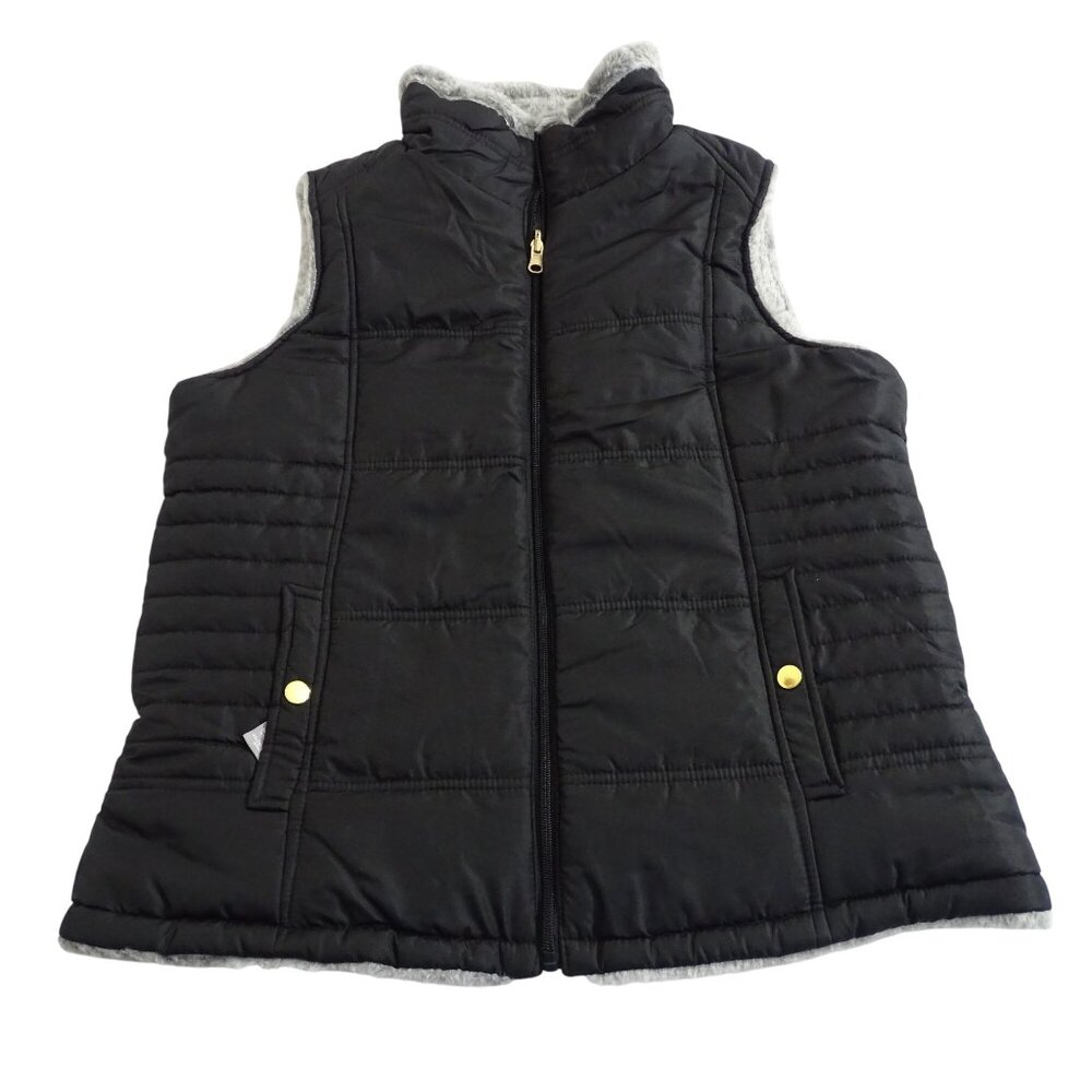 Valerie Stevens Black Gray Puffer Reversible Vest Women Size L Faux Fur Lining